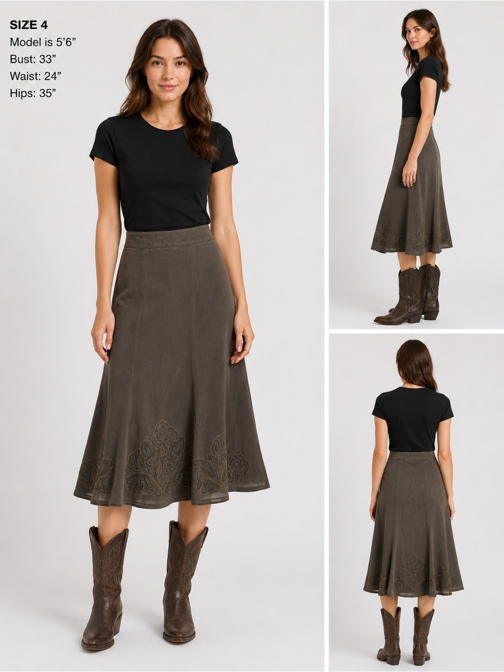 CAbi Mid Calf Boho Flared Embroidered Western Chic Skirt 4